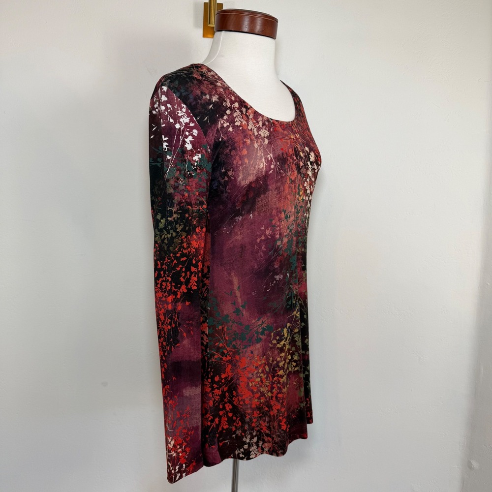 Peruvian Connection Floral Print Tunic Dress Burgundy Small Boho Art To Wear - Picture 6 of 13